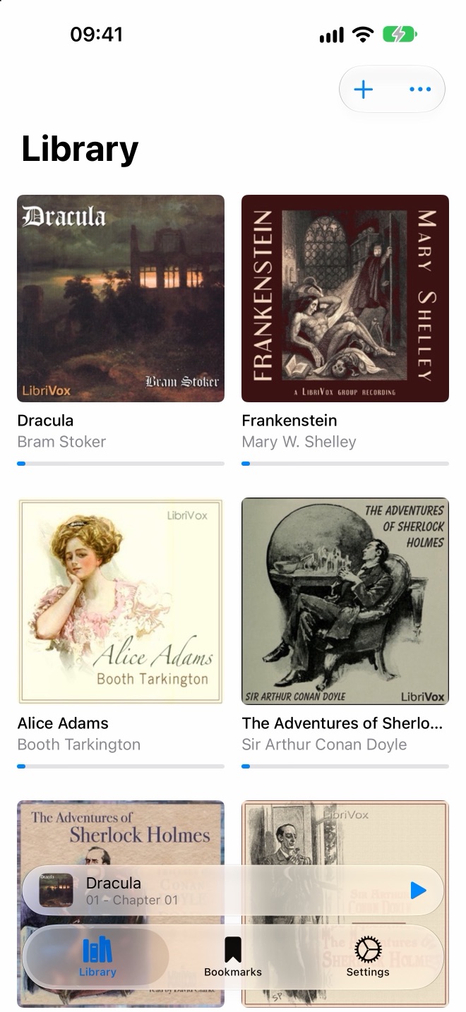 Library with book covers in a grid and the mini player