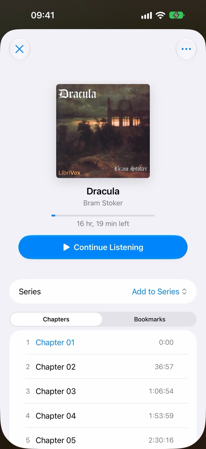 Dracula with Continue Listening and the chapter list